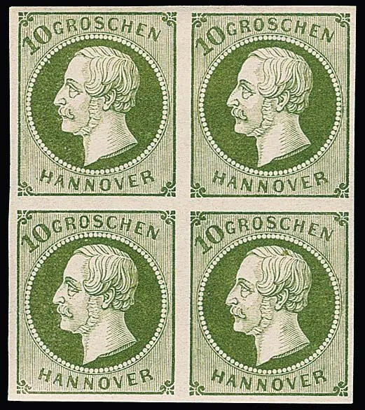 10 Gr. vert, bloc de quatre de luxe non oblitéré, timbre inférieur droit neuf sans charnière, certificat Berger. Mi. pour bloc de quatre avec charnière 1700,- +