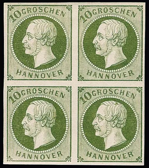 10 Gr. groen, ongebruikt luxe blok van vier, rechteronderzegel postfris, certificaat Berger. Mi. voor geplakt blok van vier 1700,- +