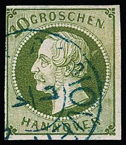 10 Gr. grün, voll- bis breitrandiges Kabinettstück mit K2 von Hannover und deutlich sichtbarem Plattenfehler von Feld 102, "Kratzer über R", sign. Thier u.a.…