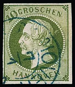 10 Gr. groen, volledig tot breedgerande kabinetstuk met K2 van Hannover en duidelijk zichtbare plaatfout van veld 102, "kras over R", gesigneerd Thier e.a. Mi. 2500,-