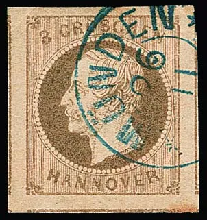 3 Gr. hellbraun, aussergewöhnlich breitrandiges Luxusstück mit K2 "Münden" und Teilen von Nebenmarken an drei Seiten. Sign. Berger u.a.