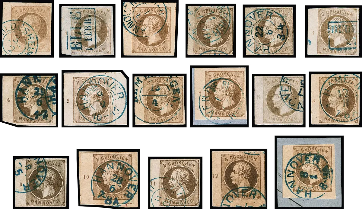 3 Gr. (light) brown, overcomplete cancelled left sheet margin strip with row numbers "1" to "12" complete, including "1", "3", "5", "8" and "12" (two sheet corners, one signed Berger) each two different positions, rare offer!