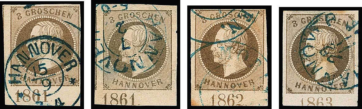 3 Gr. light brown (3) and once grey-brown (photo expertised Berger), four cancelled bottom margin pieces with years "1861" (two different positions), "1862" and "1863", two values with minor defects.