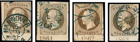 3 Gr. lichtbruin (3) en eenmaal grijsbruin (foto-expertise Berger), vier gestempelde onderrandstukken met jaartallen "1861" (twee verschillende posities), "1862" en "1863", twee waarden met minimale gebreken.