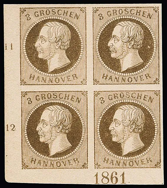 3 Gr. graubraun im Luxus-Viererblock aus der linken unteren Bogenecke mit Jahreszahl "1861", dabei das obere Paar postfrisch, in dieser Form selten! Attest…