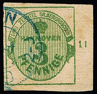 3 Pfge. green, cabinet piece with wide right sheet margin, row number "11", K2 from Göttingen, certificate Berger. Mi. 1200,- +