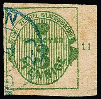 3 Pfge. groen, kabinetstuk met brede rechter velrand, rijnnummer "11", K2 van Göttingen, certificaat Berger. Mi. 1200,- +