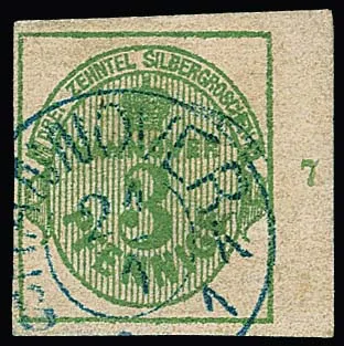 3 Pfge. vert, pièce de cabinet avec large bord droit de feuille, numéro de rangée "7", K2 de Hannover, ex Boker. Mi. 1200,- +