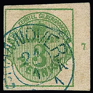 3 Pfge. groen, kabinetstuk met brede rechter velrand, rijnnummer "7", K2 van Hannover, ex Boker. Mi. 1200,- +