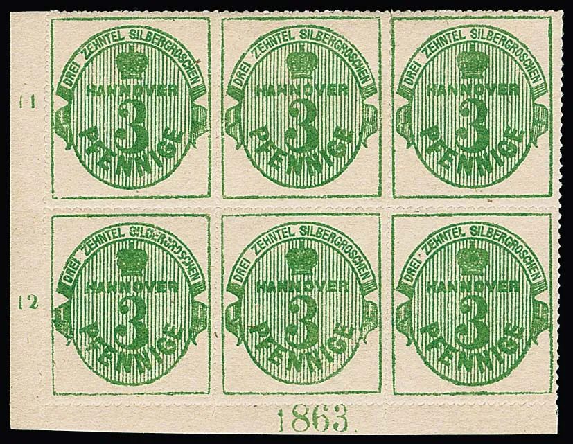 3 Pfge. green, pink gum, in luxury block of six from lower left sheet corner with year "1863", the corner pair with year mint never hinged! A rare and decorative unit from the Boker collection, certificate Berger