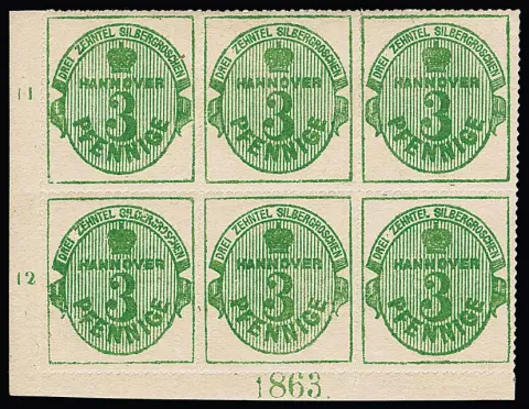 3 Pfge. groen, roze gom, in luxe blok van zes uit linkeronderhoek van het vel met jaartal "1863", het hoekpaar met jaartal postfris! Een zeldzame en decoratieve eenheid uit de Boker-collectie, certificaat Berger