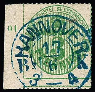 3 Pfge. green, white gum, cancelled from left sheet margin with rare incorrect row number "01" (instead of "10") and practically missing perforation at left, signed Engel, Pfenninger