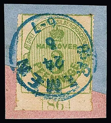 3 Pfge. groen, witte gom, van ondermarge met volledig jaartal "1864" op prachtig briefstuk (boven een licht getinte tandingtong, onbelangrijk) met K1 "Bremen"