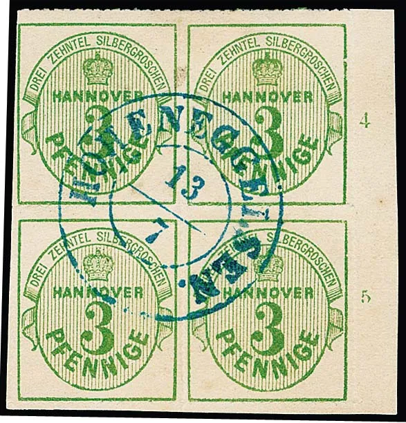 3 Pfge. vert, gomme blanche, rare bloc de quatre avec bords et numéros de rangée "4" et "5", K2 "Hoheneggelsen" particulièrement bien centré, dentelure typiquement un peu décalée, celle-ci complète sur trois timbres et partiellement dans la séparation aux ciseaux, seule le timbre supérieur gauche présente un peu de séparation aux ciseaux à gauche, sinon impeccable. Unité décorative et rare (Mi. 1000,- ++), de la collection Boker.