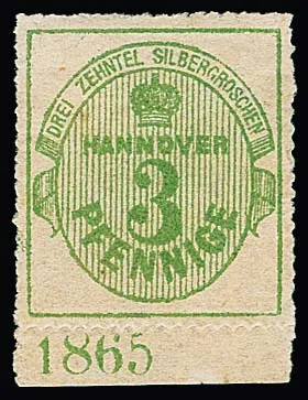 3 Pfge. green on thin satin paper, unused bottom margin piece with year "1865" in position II, signed Engel, rare!