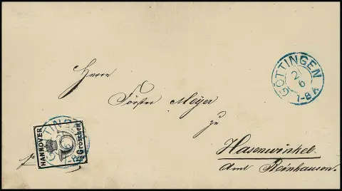 1/2 Gr. zwart, roze gom, enkel op kabinet briefverzameling brief met K2 "Göttingen" naar Hasenwinkel bij Reinhausen, attest Berger