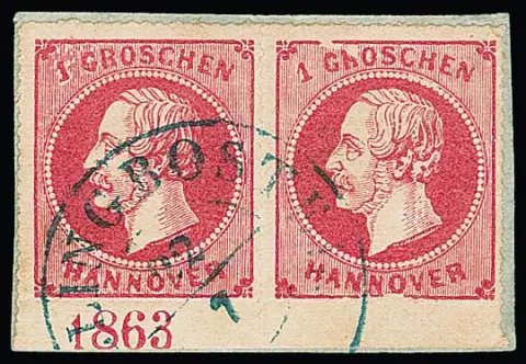 1 Gr. roze in onderrandpaar op kabinetbriefstuk met K2 "Fallingbostel", links met jaartal "1863", rechter zegel met duidelijke plaatfout "Ausbruch oben…