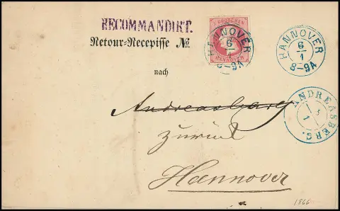 1 Gr. roze op kabinet retour-recepis met K2 "Hannover", 6.1.1866, naar Andreasberg, en vandaar terug met K2 van 8.1., ex Boker