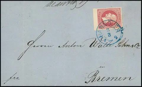 1 Gr. roze, onberispelijk onderrandstuk op buiten tweemaal gevouwen brief met K2 "Hannover" van 3.3.1864. Dit is het vroegst bekende gebruik van deze zegel! Krötzsch spreekt van een verschijning "begin juli" 1864, bij Kohl wordt tenminste 14 maart 1864 als eerste dag genoemd en de heer Berger heeft 7.3.1864 als vroegst bekende gebruik geattesteerd (kavel 981 van de 167e Rauhut & Kruschel veiling 2015). Een zeer ongebruikelijke "eerste dag"