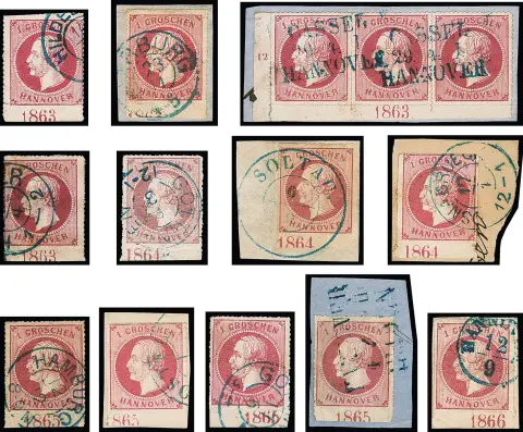 1 Gr. roze, 12 verschillende onderrandstukken (een strook van drie uit de linkeronderhoek van het vel) met allemaal verschillende jaartallen (!) in vaak goede, iets…