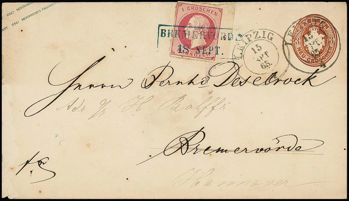 1 Gr. rose du bord droit de feuille avec numéro de rangée "6" comme affranchissement de réexpédition sur entier postal de Saxe 3 Ngr. brun rouge, armoiries, de "Leipzig" à Bremervörde et…