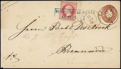 1 Gr. roze van rechter velrand met rijnummer "6" als doorzendfrankering op Saksische postwaardestuk 3 Ngr. roodbruin, wapen, van "Leipzig" naar Bremervörde en…