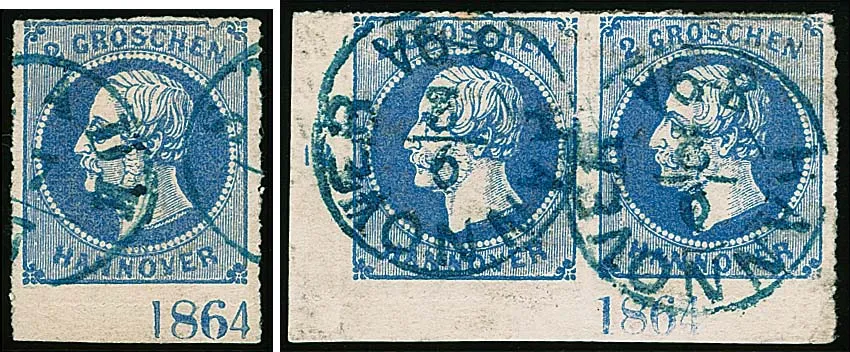 2 Gr. blue, pair from the lower left sheet corner (minor faults such as creases) with year "1864" in position I, as well as a cabinet lower margin piece with the same year but in position II and a stamp with plate flaw III, rare in this form (certificate Jäschke-L.)