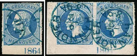 2 Gr. blauw, paar uit de linkeronderhoek van het vel (kleine gebreken zoals kreukels) met jaartal "1864" in positie I, evenals een kabinetstuk onderrand met hetzelfde jaartal, maar in positie II en een postzegel met plaatfout III, zeldzaam in deze vorm (attest Jäschke-L.)