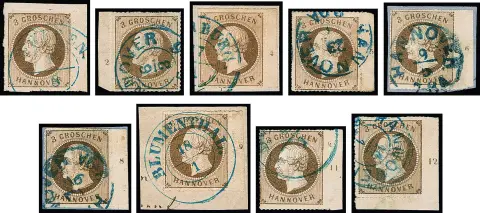 3 Gr. bruin, bijna volledige gestempelde rechter randstrook met de rijnummers "1" tot "12", zonder "2" (deze "alleen" van de linkerrand), compleet ("7" Mgl.), inclusief beide velhoeken, zeldzaam aanbod!