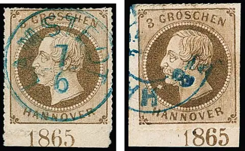 3 Gr. bruin, elk gestempeld onderrandstuk met jaartal "1865" in positie I en III (deze rechts iets schaarafscheiding)