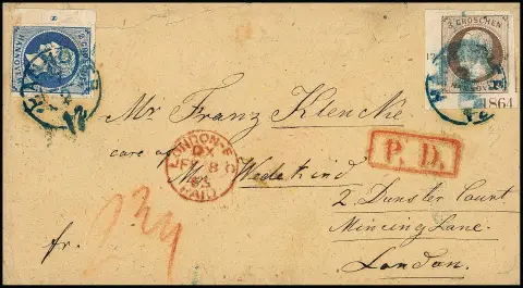 3 Gr. lichtbruin, linkerondervelhoek met rijnummer "12" en jaartal "1864" (positie II), schaarafscheiding ten koste van beide naburige zegels (!), samen met linker randstuk 2 Gr. blauw (Rz. "8") op beige buitenlandse omslag van Hannover 1865 naar Londen. Met een jaartalvelhoek van deze zegel op brief naar mijn mening een unicum, in volledig originele staat, uit de 19e Rauhut veiling 1994. Certificaat Berger "onberispelijk"