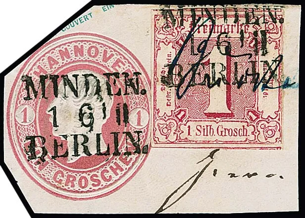 Hannover Ganzsachen-Abschnitt 1 Gr. rosa mit hinzufrankierter Taxis 1 Sgr. rot, mit Teil der handschriftlichen Bahnpost-Aufgabe und preußischem Zug-L3…
