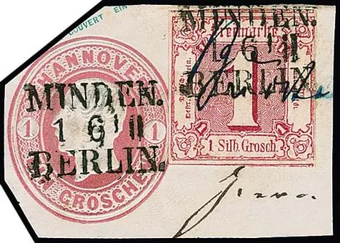 Hannover postwaardestuk sectie 1 Gr. roze met toegevoegde frankering Taxis 1 Sgr. rood, met deel van de handgeschreven spoorwegpost-aangifte en Pruisische treinstempel L3 "Minden-Berlin", onberispelijk en ongewoon, foto-expertise Sem
