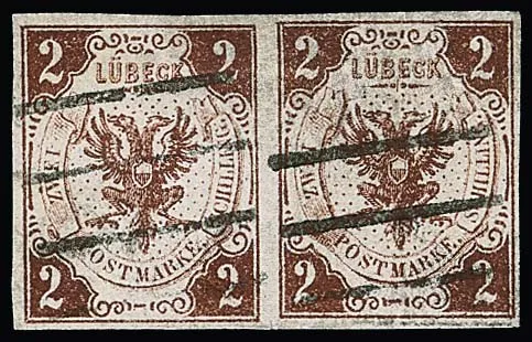 2 Sch. rouge-brun, paire de luxe à larges marges, cachet à barres clair, signé Engel, Werner, Thier, unité rare. Mi. 1500,-