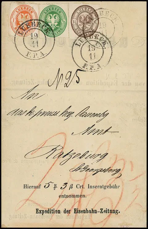1/2 Sch. groen, 1 Sch. roodoranje (licht gereinigd) en 1 1/4 Sch. roodbruin, decoratieve driekleurenfrankering op factuur-remboursbrief. Zeldzaam