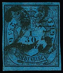 1/30 Th. black/blue, showpiece (a small "cloudy" spot in the paper is typical for this issue, very well signed Pfenninger) with very clear black tax cancellation "2 2/5" from Abbehausen