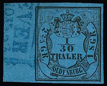 1/30 Th. black/blue, type I, almost "cancellation-free" left cabinet margin piece with 8mm sheet margin, there Ra2 "Jever", signed Starauschek