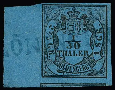 1/30 Th. noir/bleu, type I, pièce de cabinet à bords surdimensionnés avec 1 cm de bord de feuille à gauche, avec L1 bleu "Löningen"