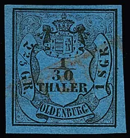 1/30 Th. black/blue, wide-margin showpiece with partial strike of the rare red L1 from Dedesdorf