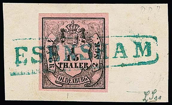 1/15 Th. schw./rosa, Type I, breitrandig, auf Luxusbriefstück mit idealem Ra1 "Esensham", so schön selten zu finden, Marke dazu noch mit kleinem Plattenfehler…
