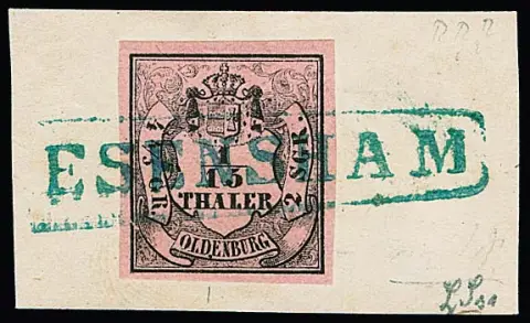1/15 Th. noir/rose, Type I, larges marges, sur lettre de luxe avec Ra1 idéal "Esensham", rare en si bel état, timbre avec petit défaut de plaque à gauche