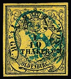 1/10 Th. black/light yellow, cabinet piece with very nicely centered blue "Delmenhorster Häuschen", signed Starauschek