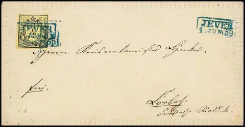 1/10 Th. noir/jaune clair sur lettre ornée gaufrée de cabinet exceptionnellement bien et entièrement conservée avec Ra2 "Jever" 1859