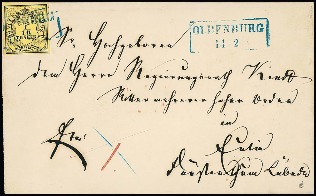 1/10 Th. černá/citronově žlutá jednotlivě na čerstvé kabinetní obálce 1860 s Ra2 "Oldenburg" přes Hamburk do Eutinu v Lübeckém knížectví (2 Sgr. do Hamburku, 1 Sgr. za Dánsko)
