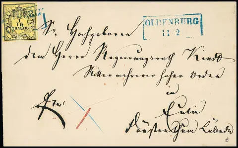 1/10 Th. noir/jaune citron seul sur lettre de cabinet fraîche 1860 avec Ra2 "Oldenburg" via Hambourg vers Eutin dans la principauté de Lübeck (2 Sgr. jusqu'à Hambourg, 1 Sgr. pour le Danemark)