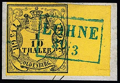 1/10 Th. noir/jaune citron avec bord de feuille de 12 mm sur fragment de lettre de cabinet avec Ra2 complet "Lohne". Sign. Starauschek, Köhler, Lange.