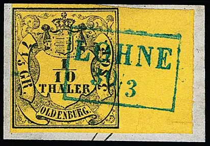 1/10 Th. noir/jaune citron avec bord de feuille de 12 mm sur fragment de lettre de cabinet avec Ra2 complet "Lohne". Sign. Starauschek, Köhler, Lange.