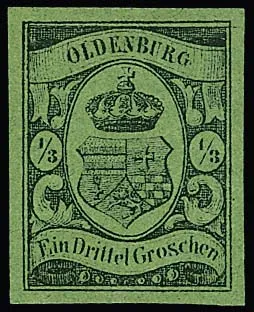 1/3 Gr. schw./grün, breitrandiges ungebrauchtes Kabinettstück ohne Gummi, Attest Brettl. Mi. 1800,-