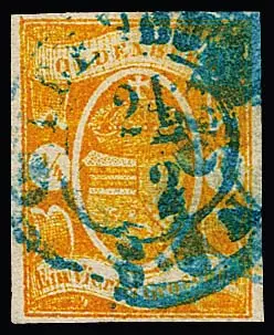 1/4 Gr. jaune-orange, pièce de cabinet aux marges complètes, souvent très larges, avec K2 centré d'Oldenburg. Sign. Brettl, Alcuri et attestation Stegmüller : "Fraîcheur de couleur et conservation fine, impeccable". Un timbre rare sans aucun doute ! Mi. 5000,-
