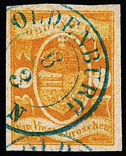 1/4 Gr. gelborange, allseits breitrandiges Kabinettstück mit klarem K2 von Oldenburg. Ein winziger Eckbug nur im weiten Überrand berührt das Markenbild nicht…